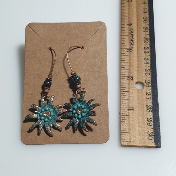 Turquoise Copper Tone Sunflower Drop Earrings Rhinestone Beach Boho Core Gift - Picture 3 of 4